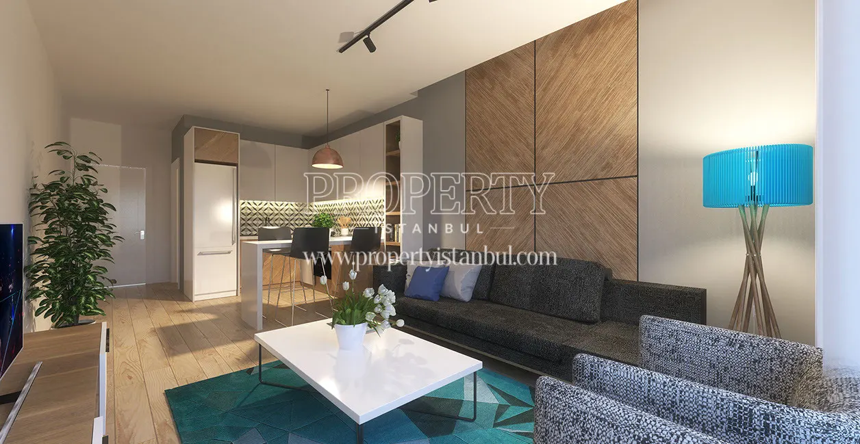 Living room and open kitchen area of an apartment in Taksim Palas