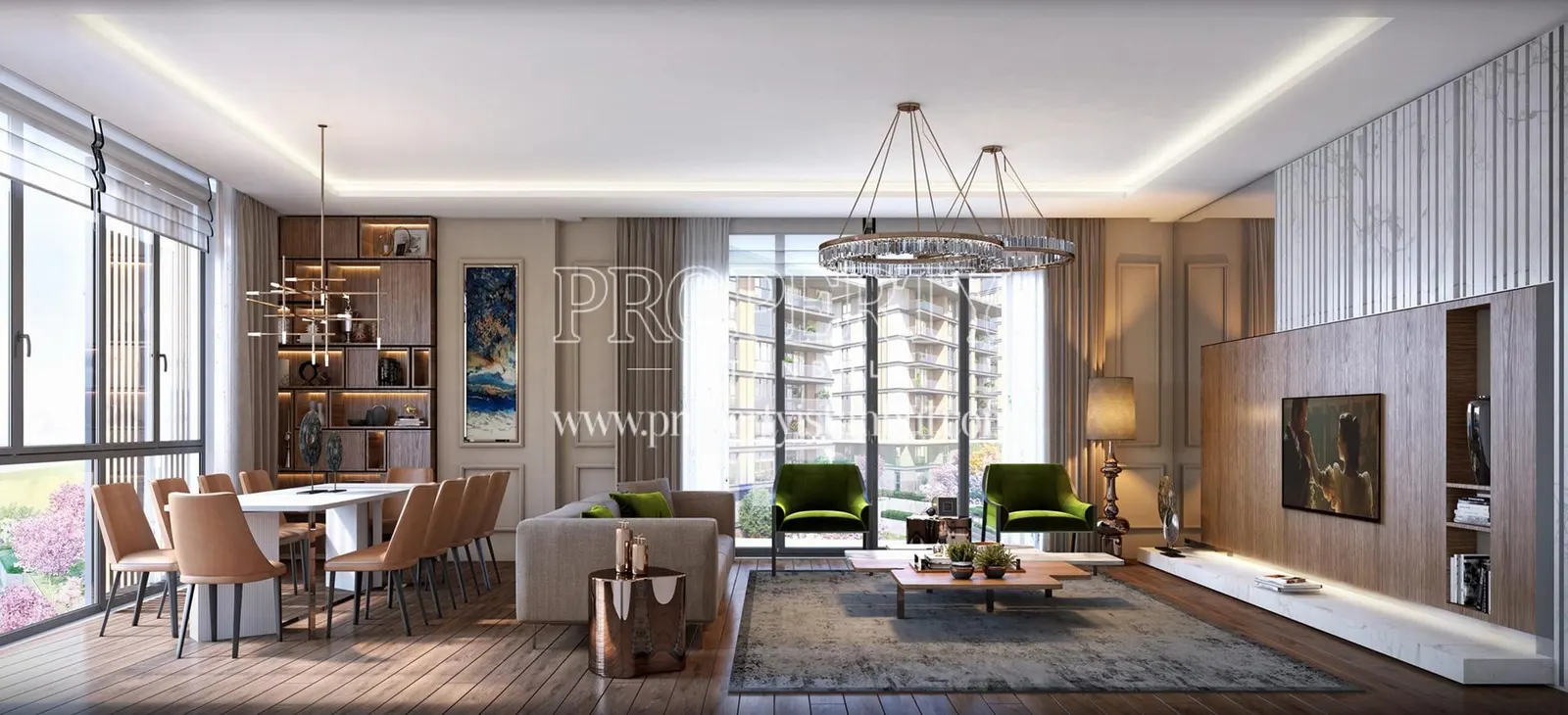 Living room and dining area of an apartment in the Suryapi Exen project