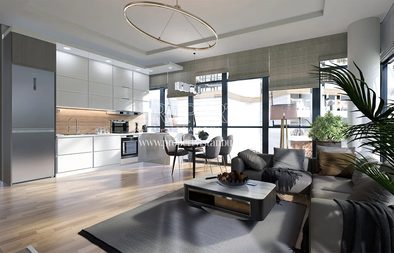 Living room and open kitchen of an apartment in the Lotus Towers project