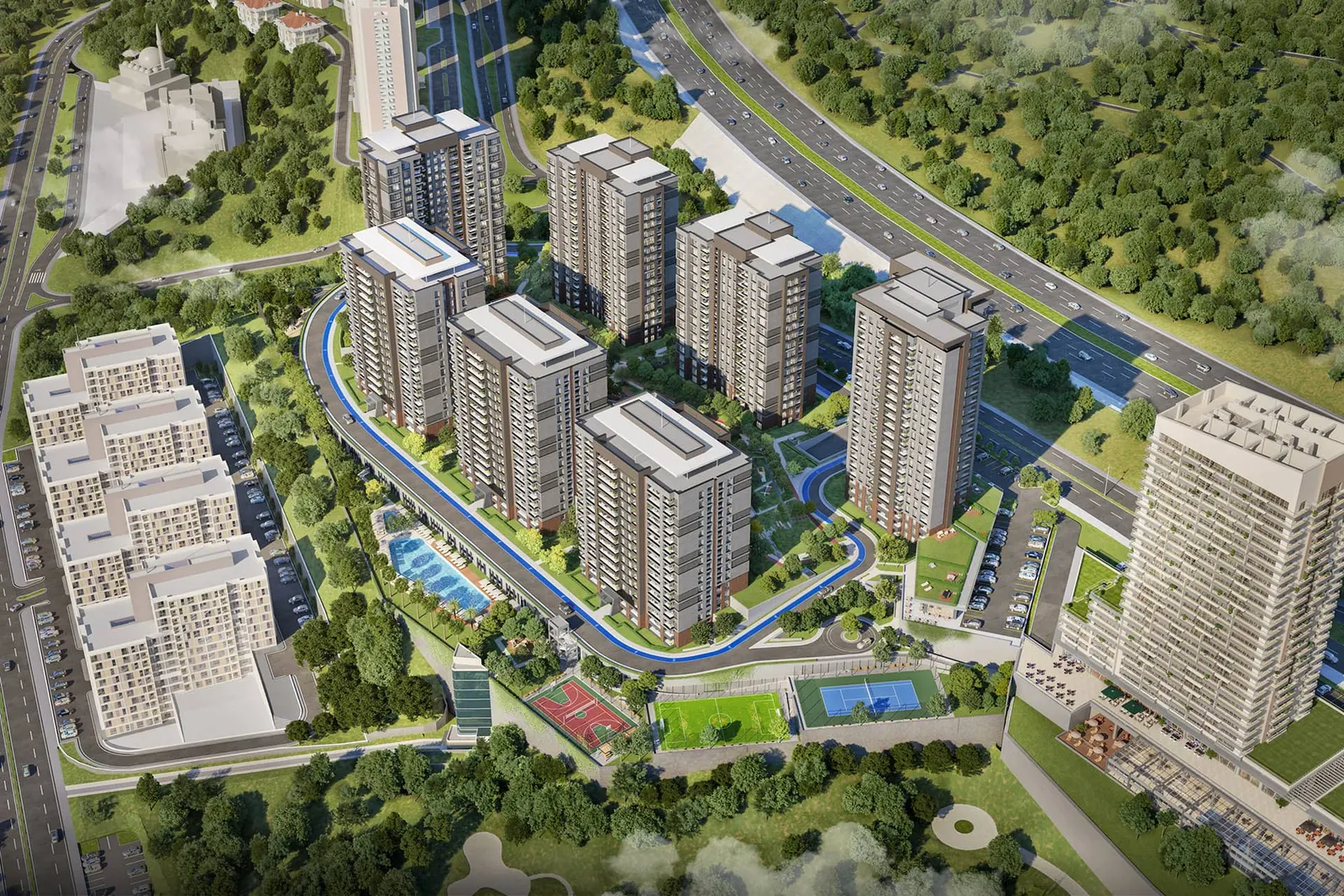 Aerial view of the 5. Levent Korupark blocks beside the TEM motorway