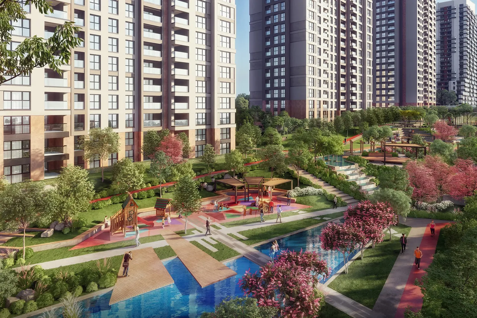 Gardens and ornamental pools between the 5. Levent Korupark blocks