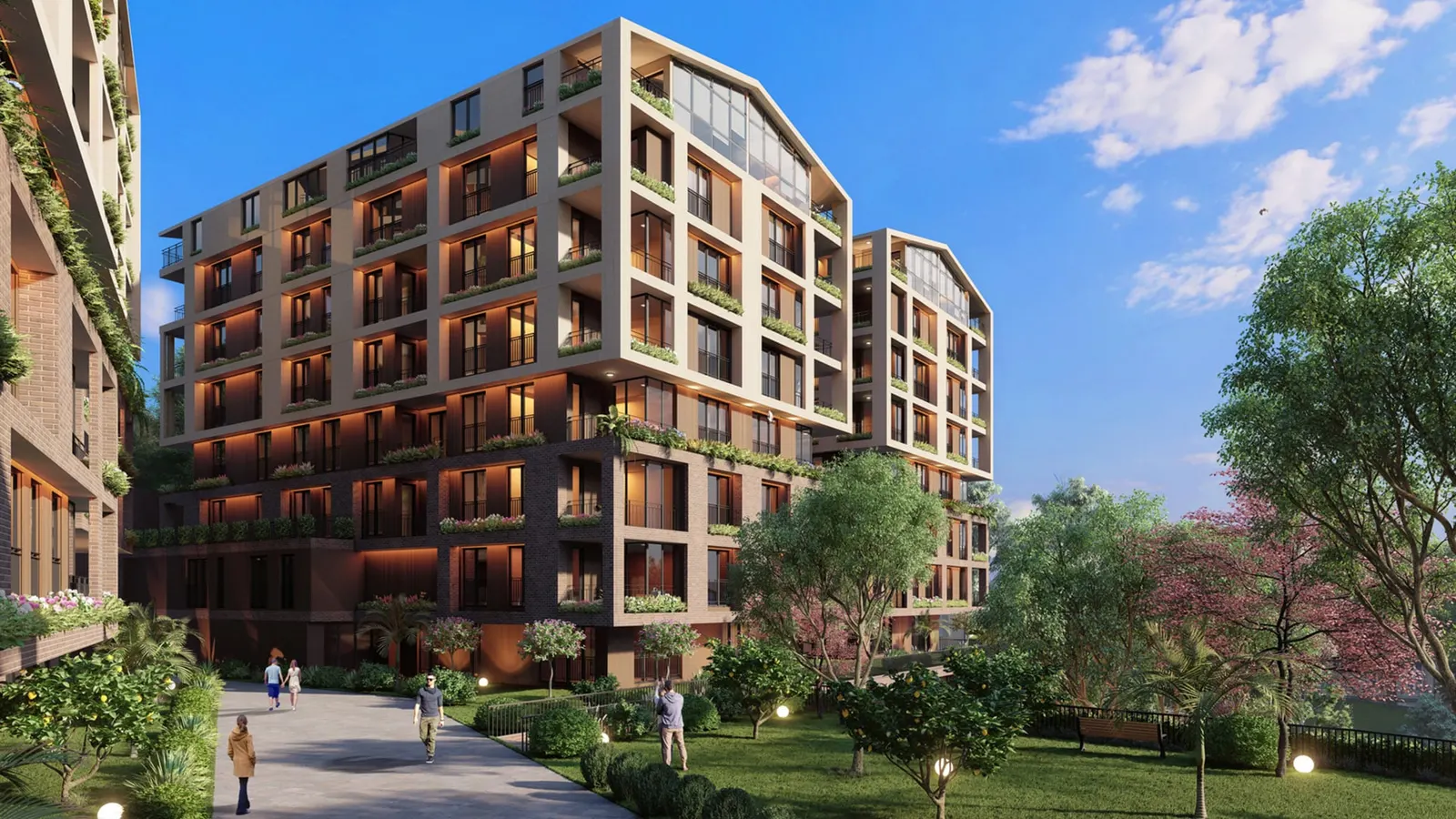 Acibadem Konaklari blocks seen from the garden path
