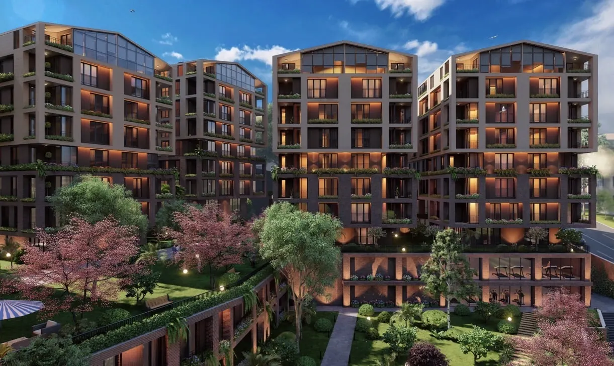 Acibadem Konaklari blocks above the landscaped courtyard
