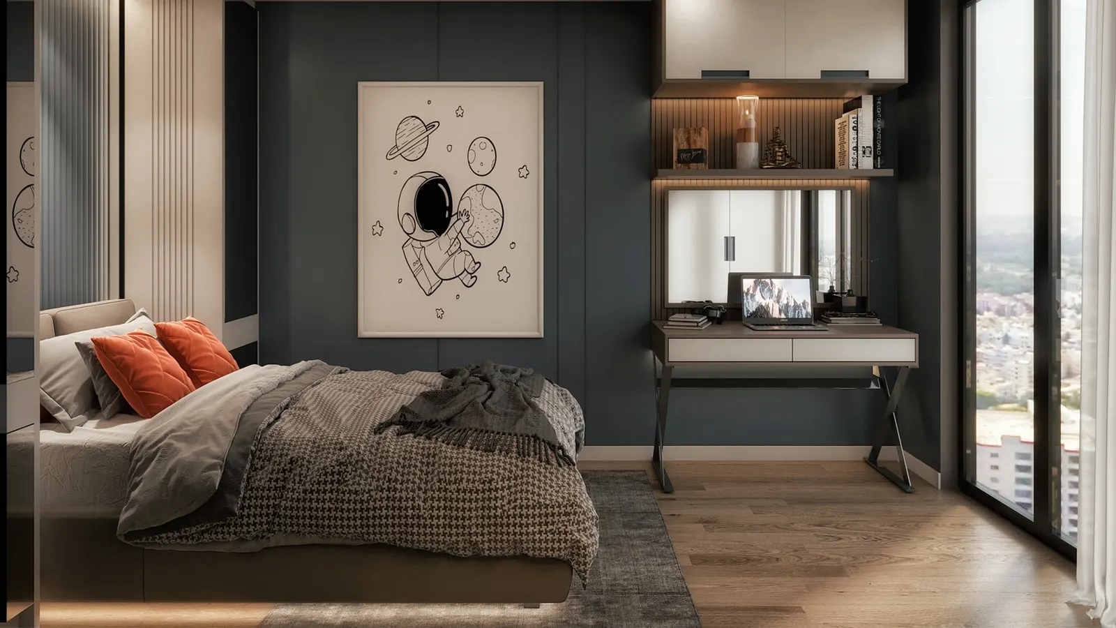 Bedroom with a desk in an Acibadem Konaklari apartment