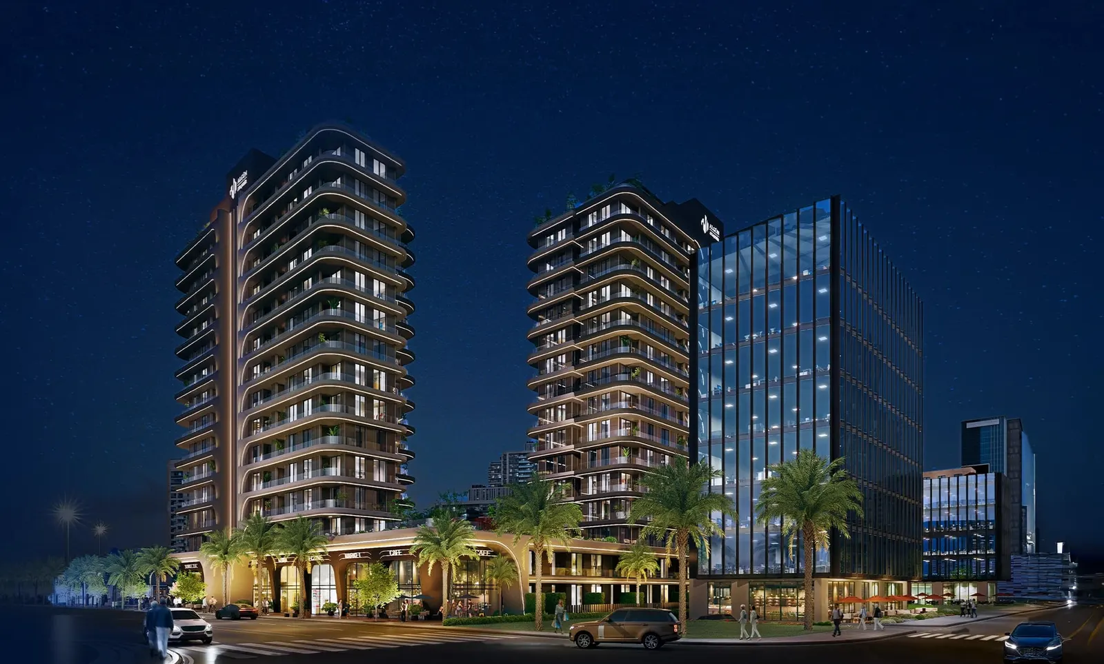 Algun Prime Atasehir towers at night, seen from the street