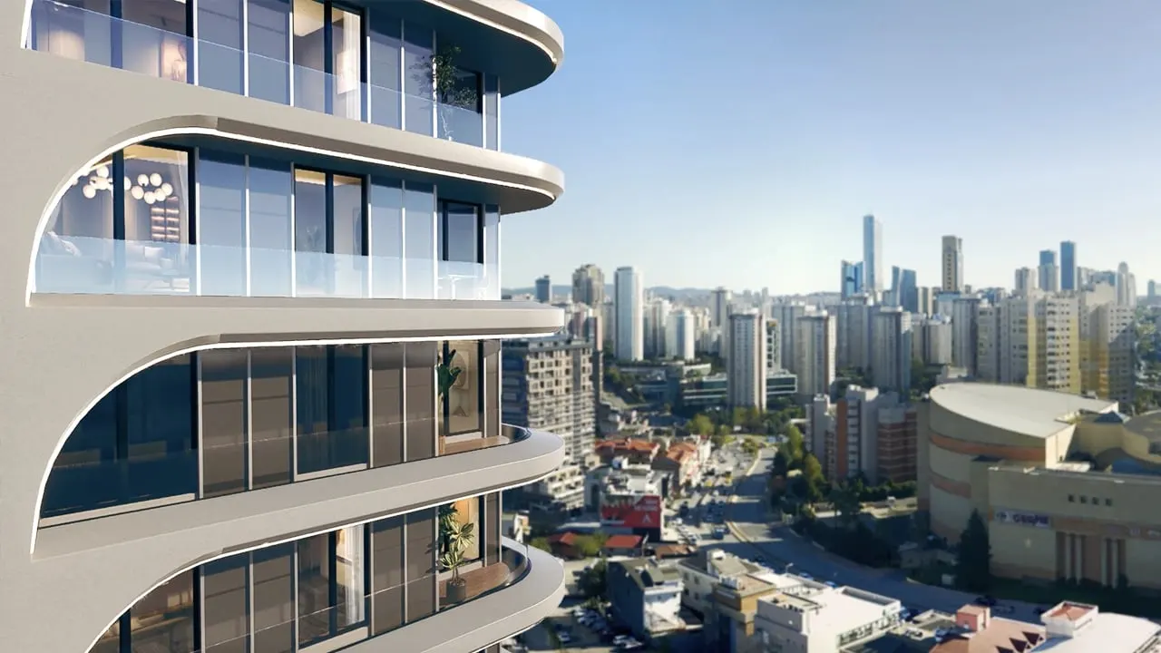 Balconies of an Algun Prime Atasehir tower above the city