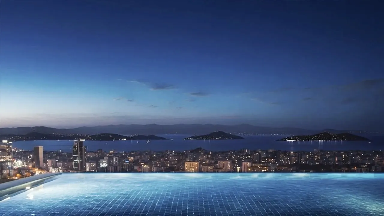 Rooftop infinity pool at Algun Prime Atasehir at dusk