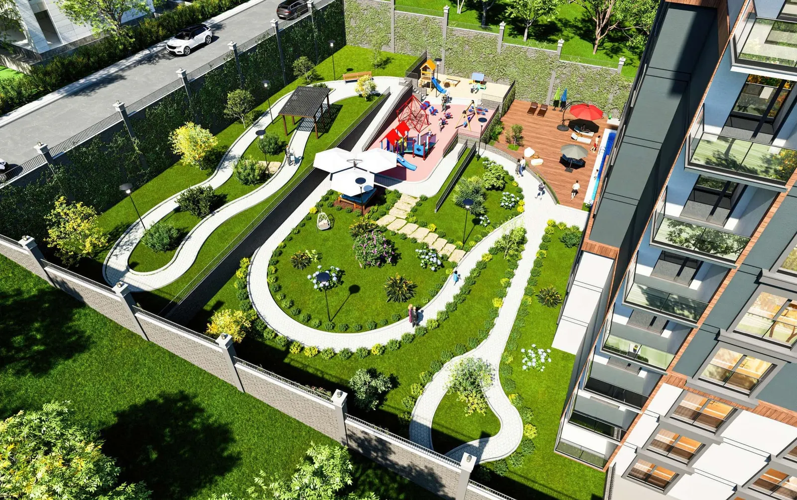 Aerial view of the garden paths at Altas Loca