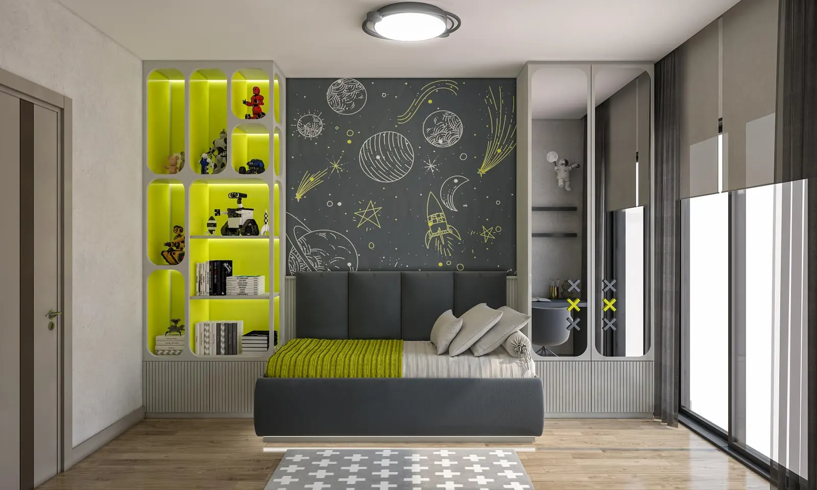 Bedroom with wall shelving in an Alya Merkezefendi apartment
