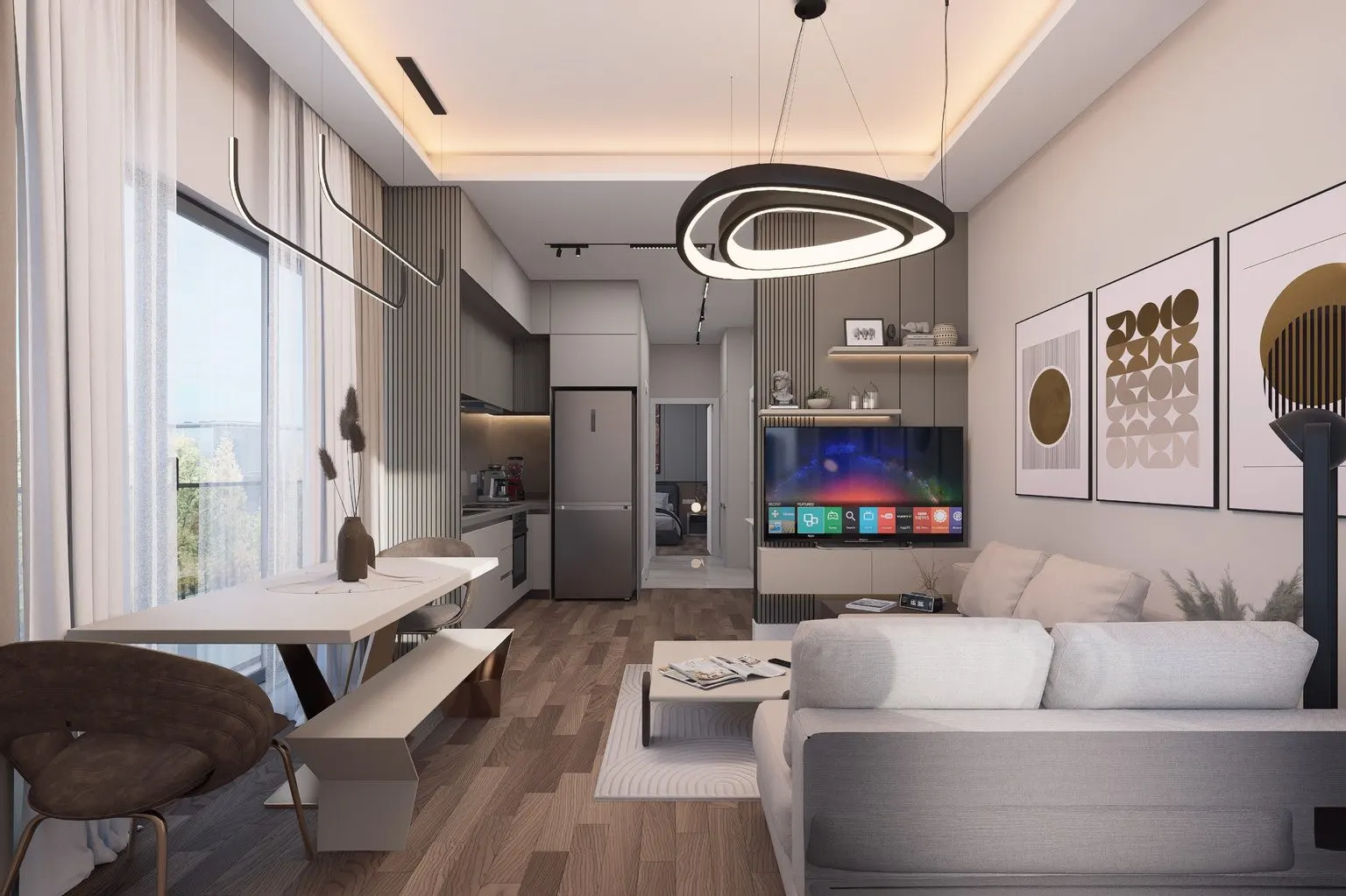 Open plan living room and kitchen of a 1+1 apartment in Arinmis Apartmani
