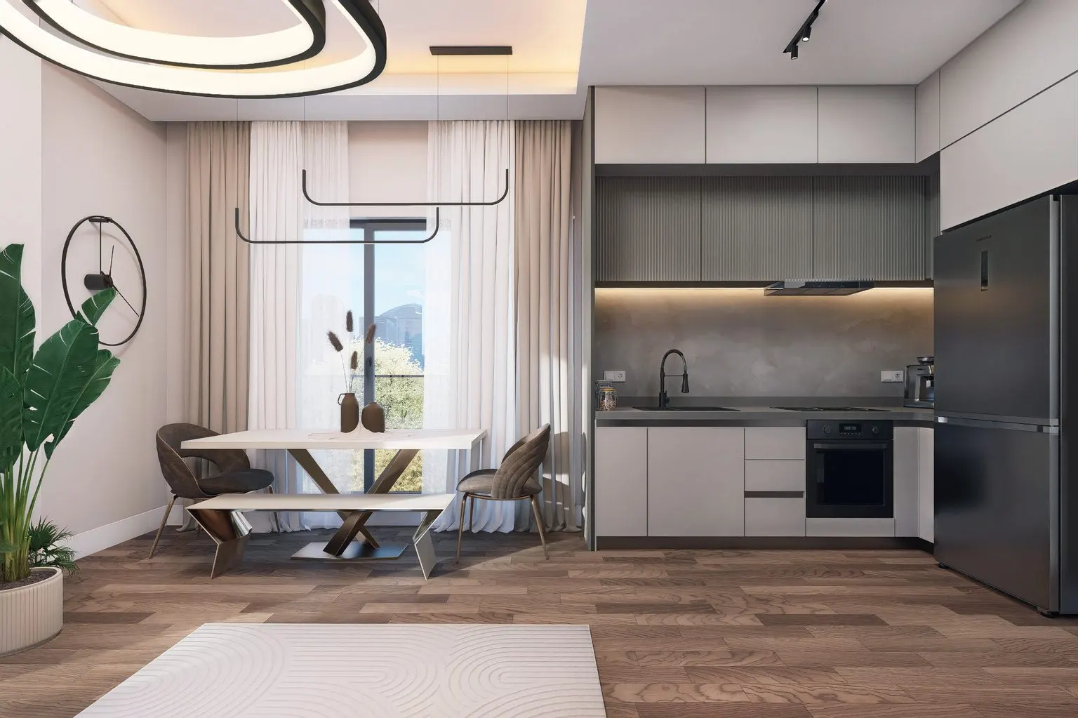 Kitchen and dining area of a 1+1 apartment in Arinmis Apartmani