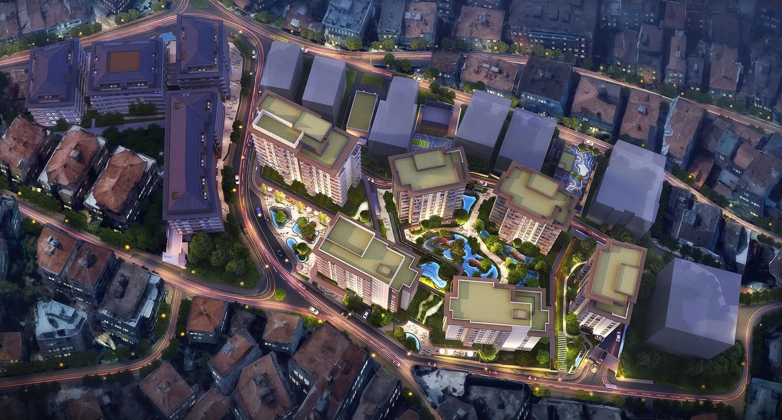 Aerial view of Avrupa Residence Sisli 2 at night