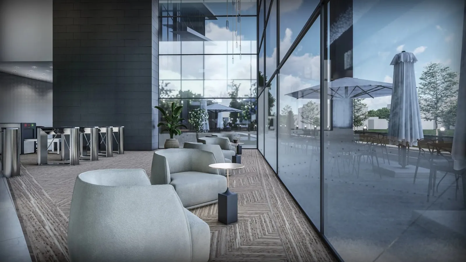 Seating by the glass facade in the Ayos-Sun Plaza lobby