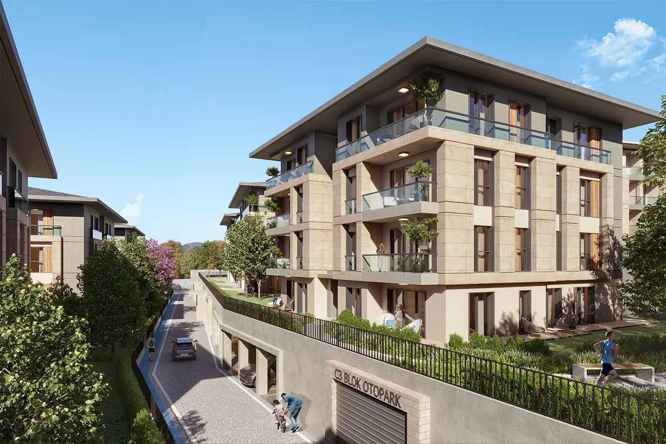 Apartment block and access road at Bahce Bahcesehir