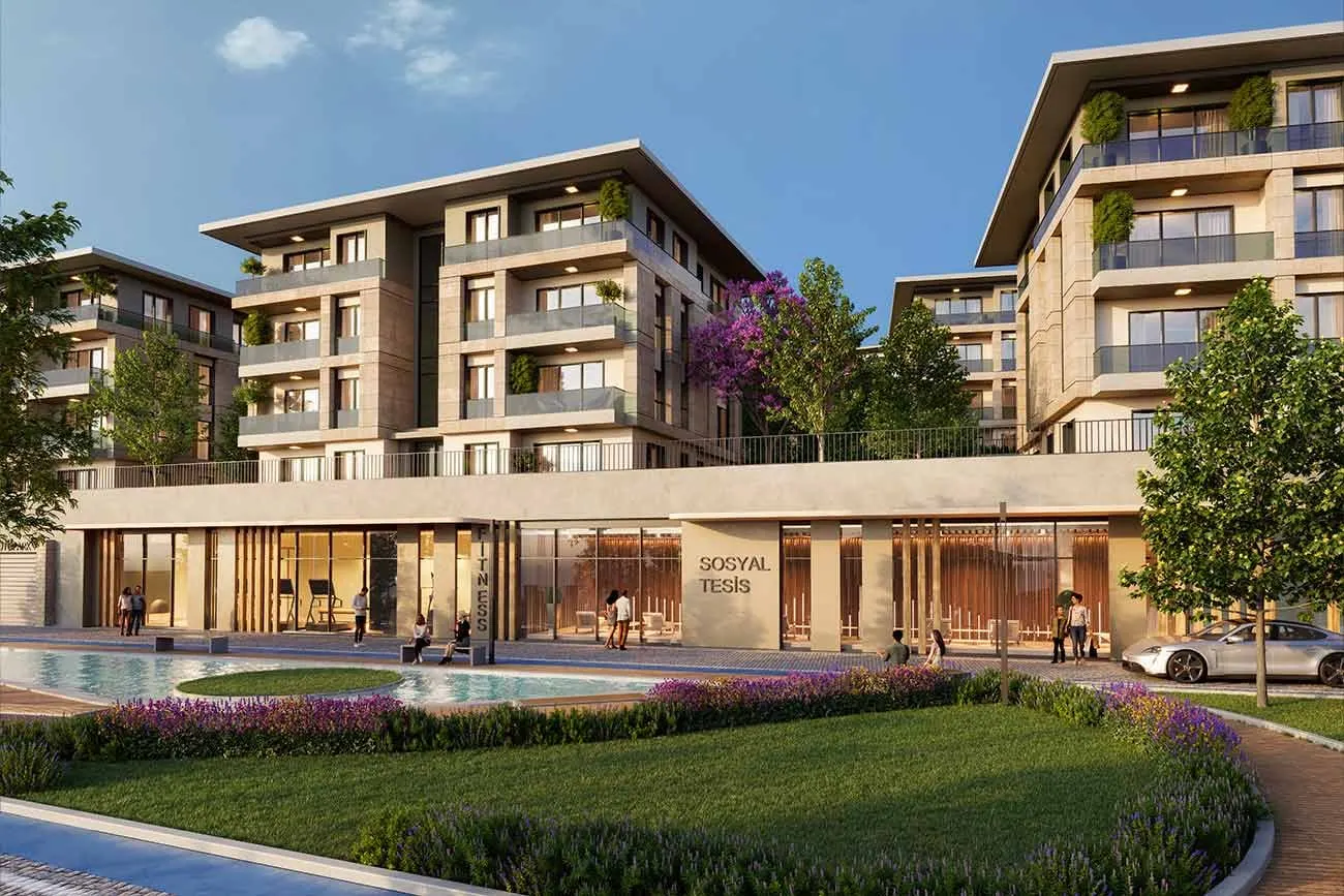 Social building and courtyard in front of the Bahce Bahcesehir blocks
