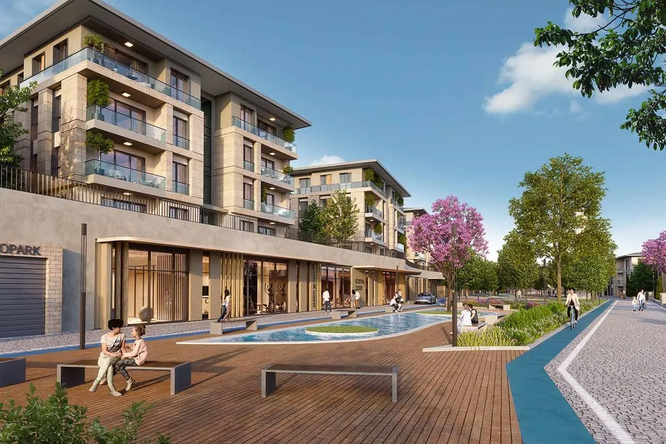 Deck and water feature beside the blocks at Bahce Bahcesehir