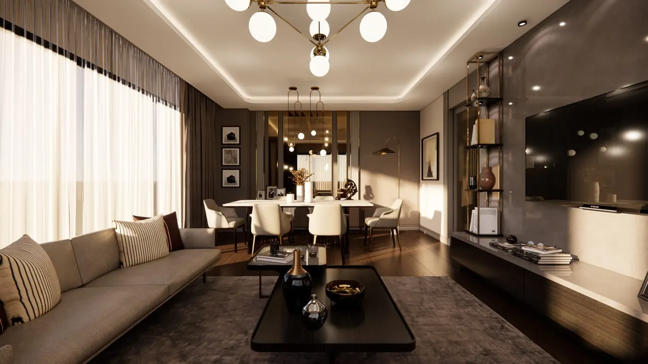 Living room and dining area in a Bahce Bahcesehir apartment