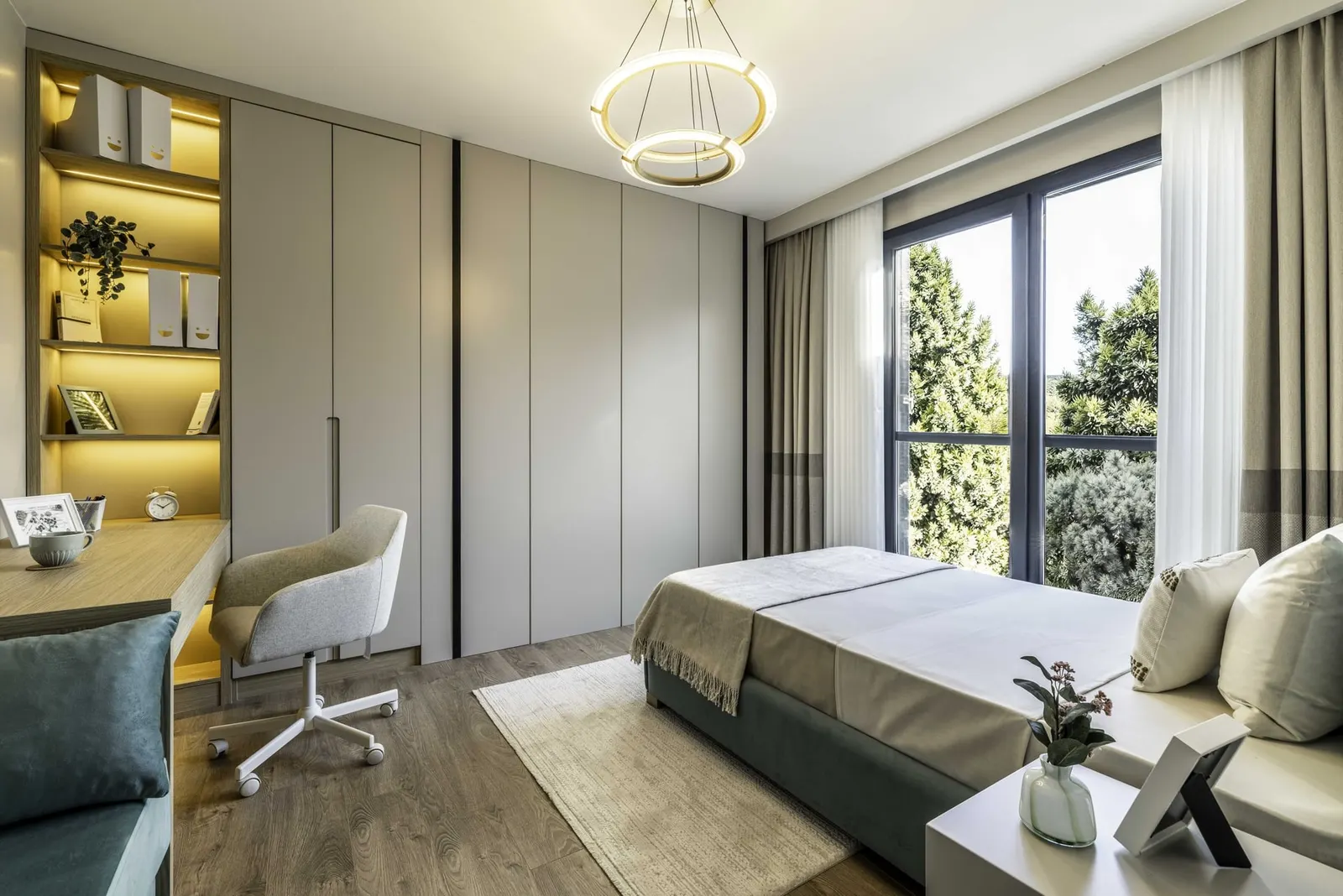 Bedroom with a desk in a Ballica Panorama villa