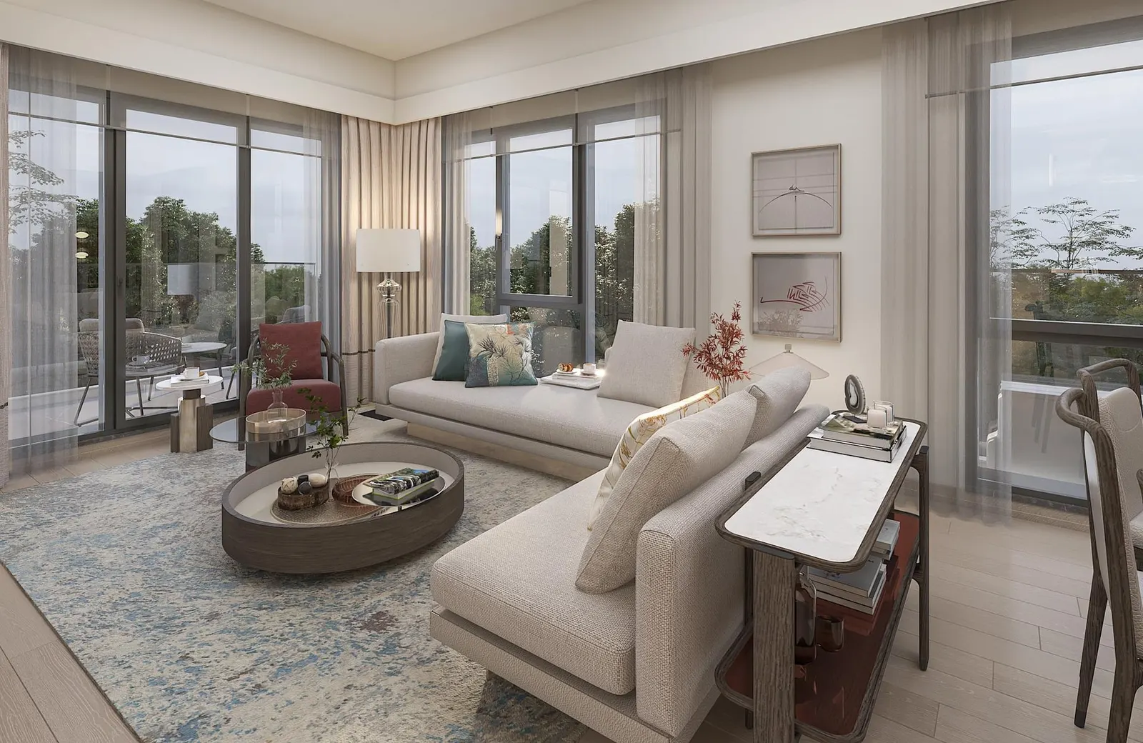 Living room with a garden view in a Basaksehir Avrasya Cadde apartment