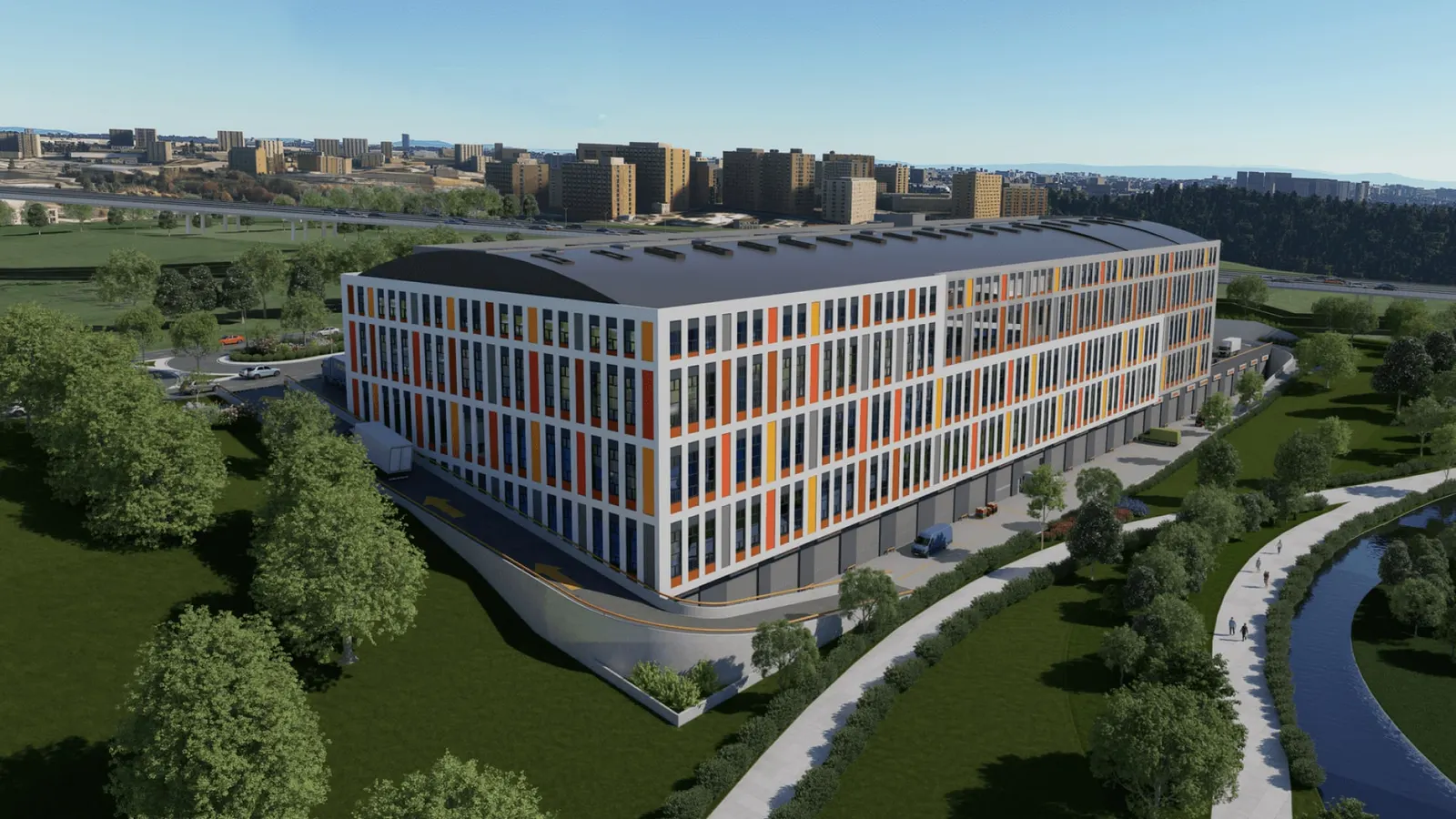 Aerial view of the Basaksehir Ticarethane block beside the park