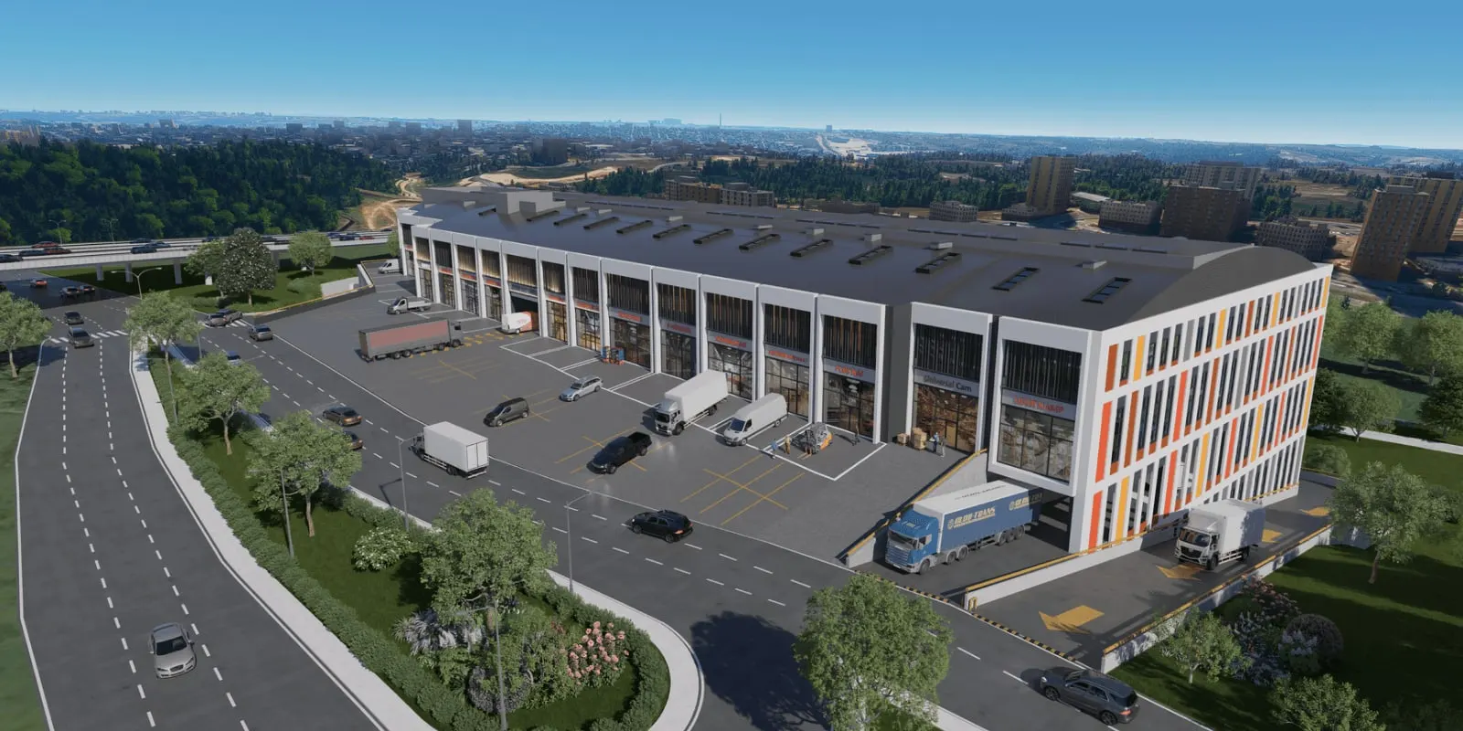 Aerial view of the loading yard and unit fronts at Basaksehir Ticarethane