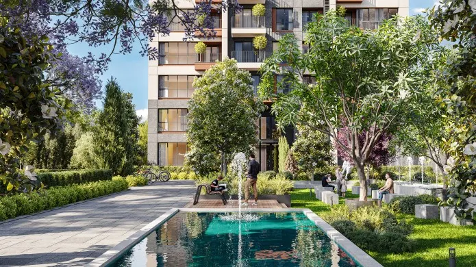 Ornamental pool in the gardens of Bati Atasehir Evleri