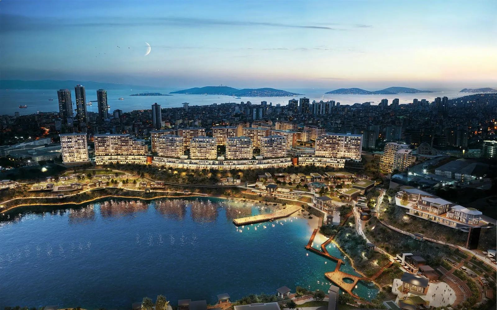 Aerial view of Batiyakasi and the lake at dusk