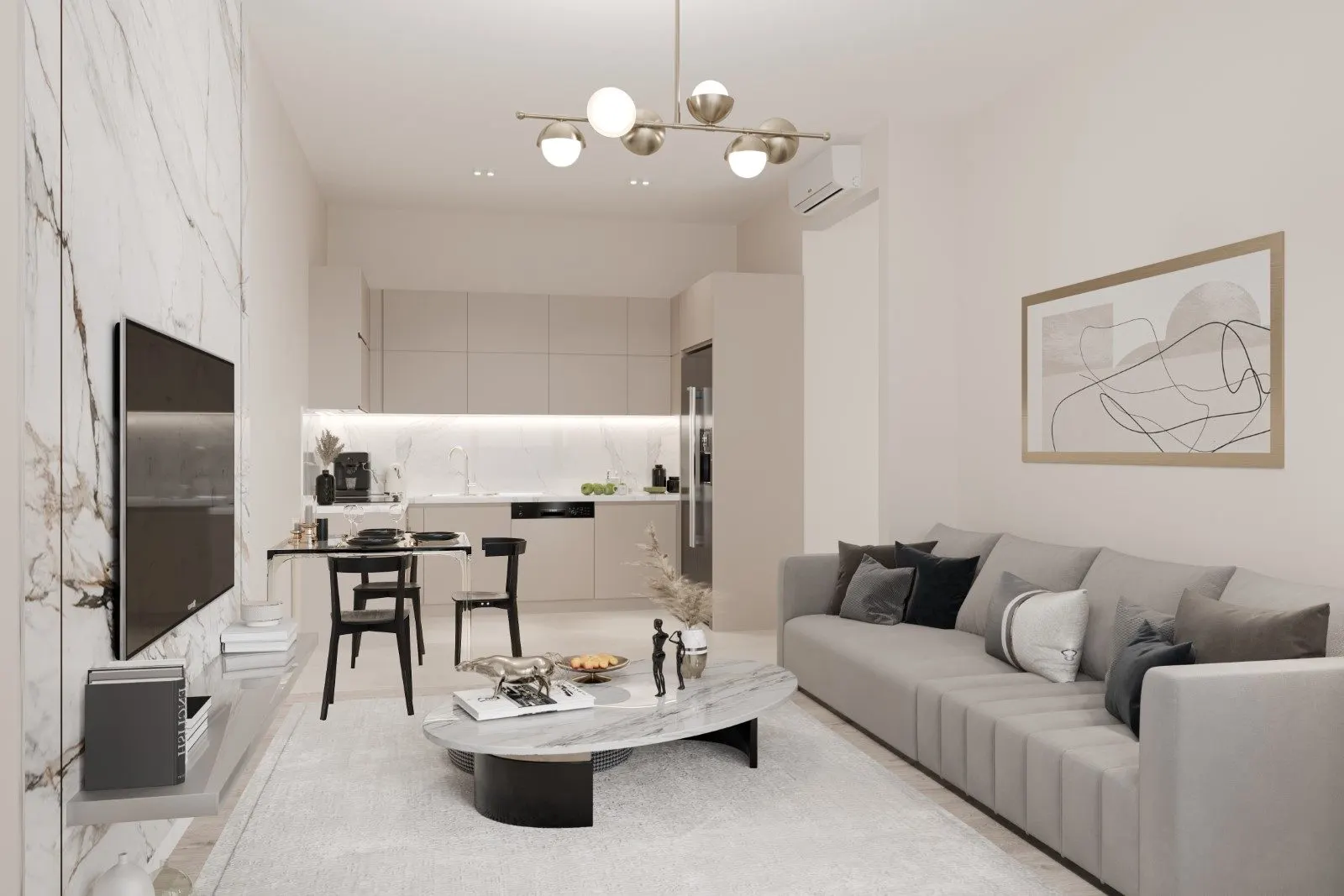 Living room and open kitchen of a Batiyakasi apartment