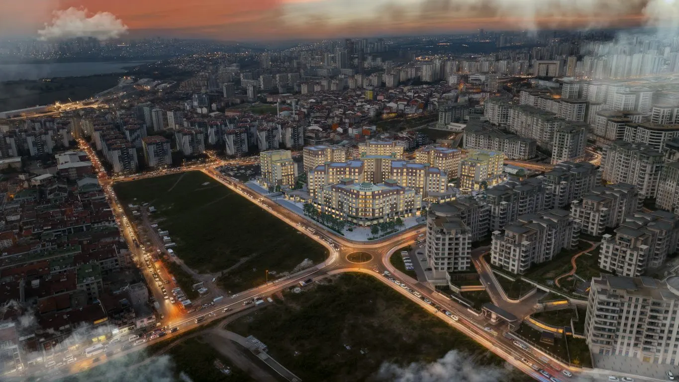 Aerial view of Bizim Mahalle at dusk