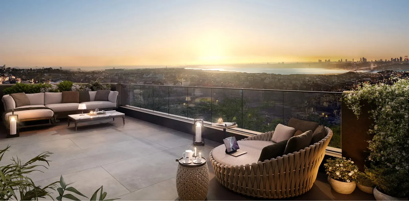 Roof terrace of a Bogaz Camlica duplex at sunset