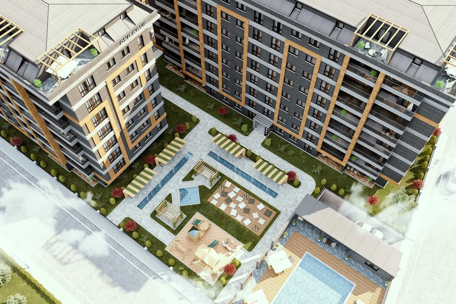 Aerial view of the courtyard and pool at Capella Exclusive Tuzla