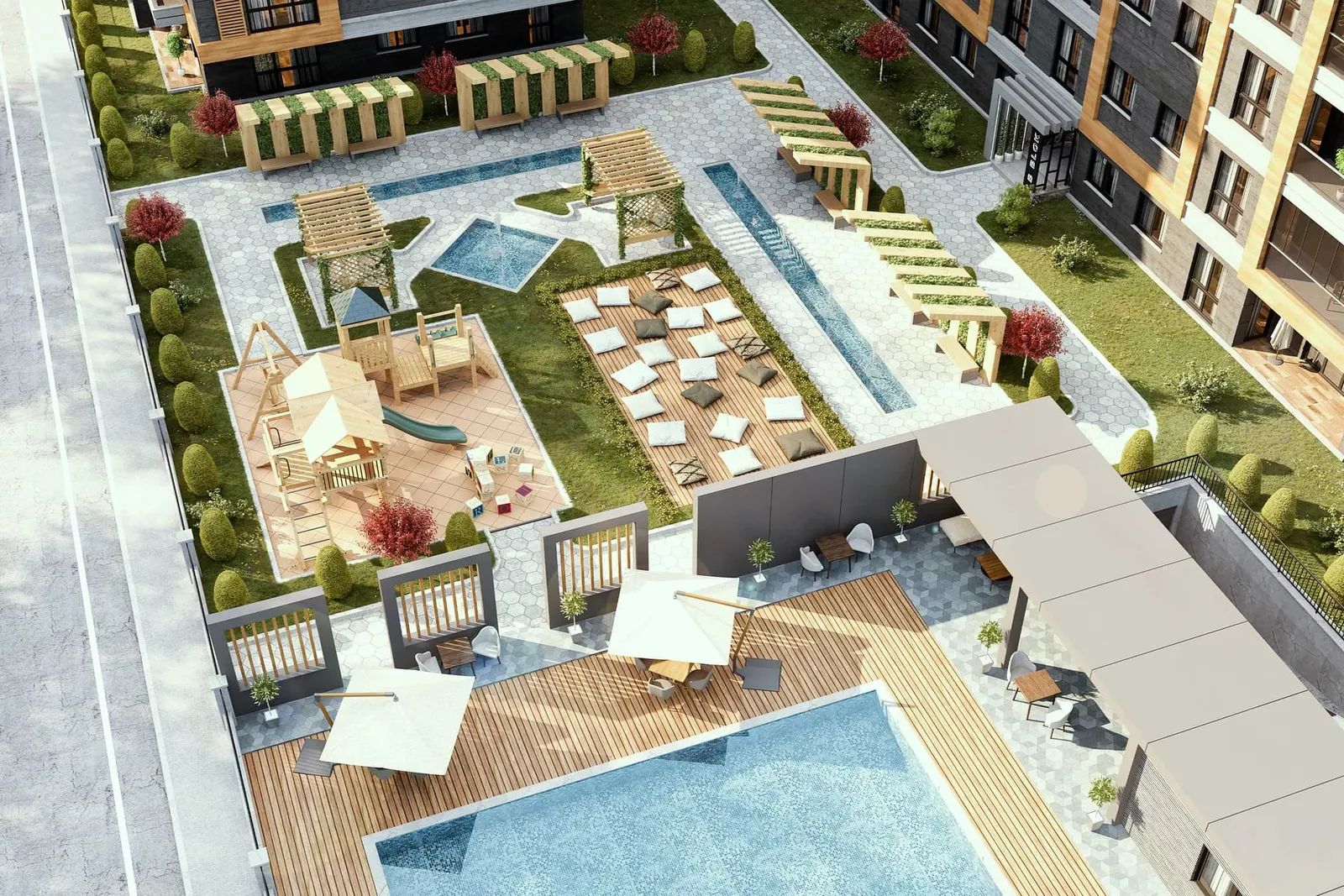 Courtyard with the pool and playground at Capella Exclusive Tuzla