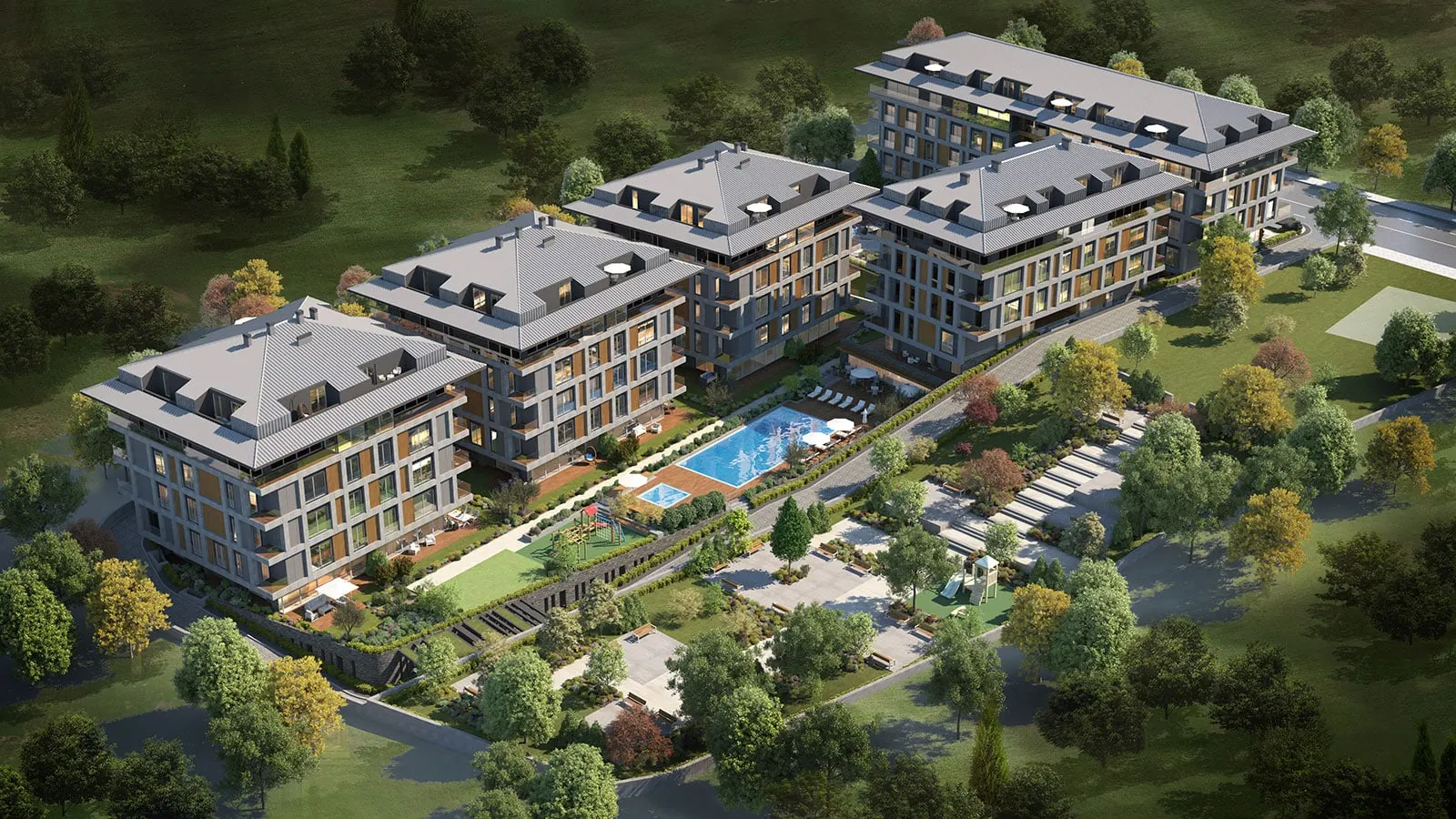 Aerial view of the Cengelkoy Cukurova Liparis Evleri blocks and pool