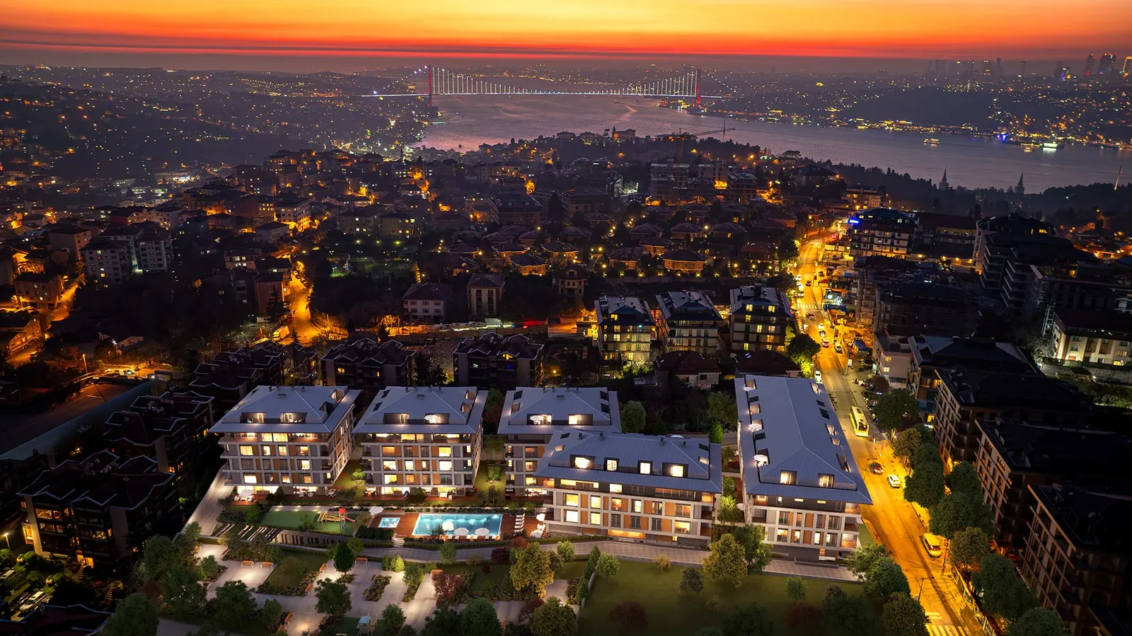 Cengelkoy Cukurova Liparis Evleri at night, with the Bosphorus behind