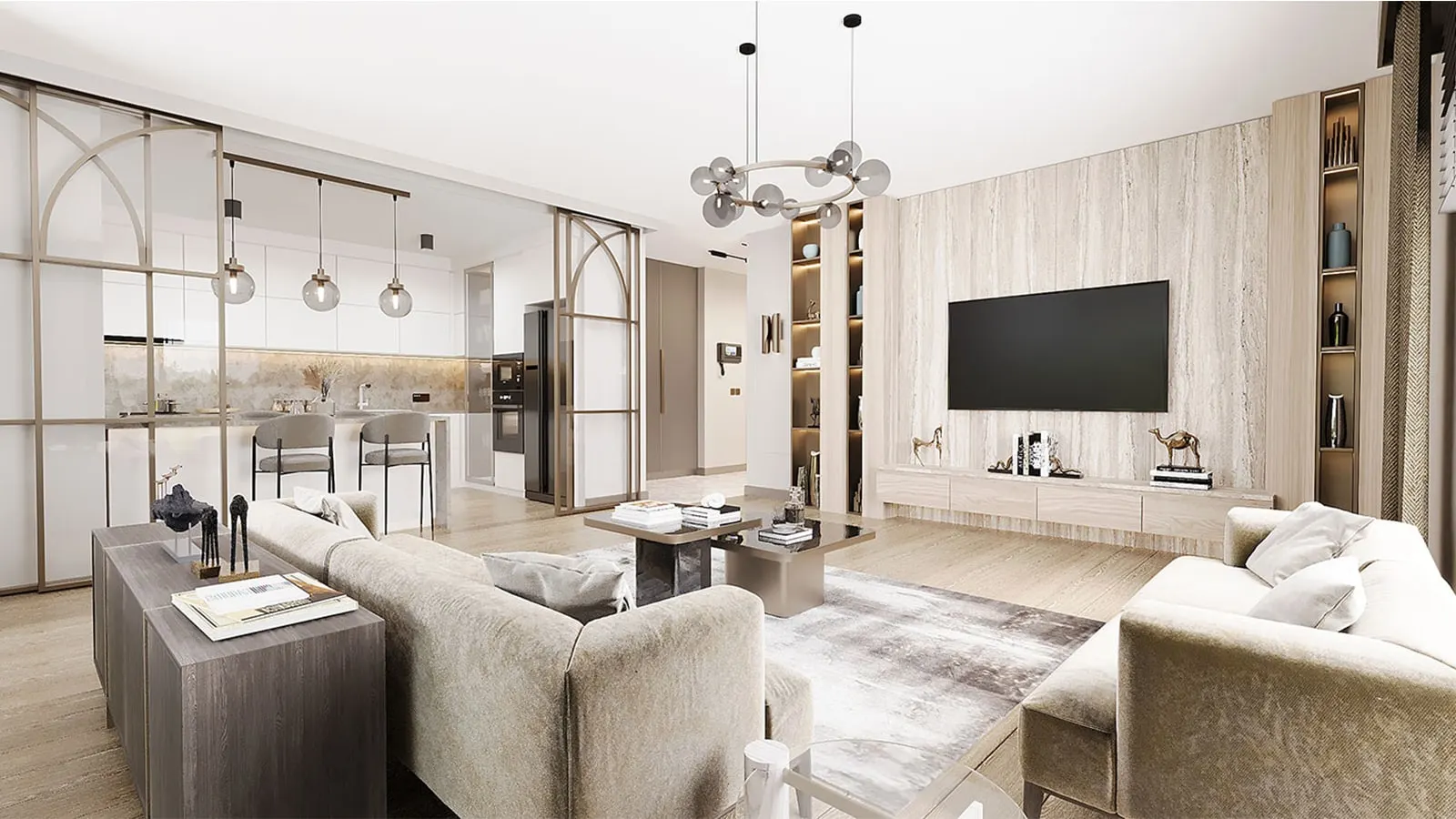 Living room and kitchen in a Cengelkoy Cukurova Liparis Evleri apartment