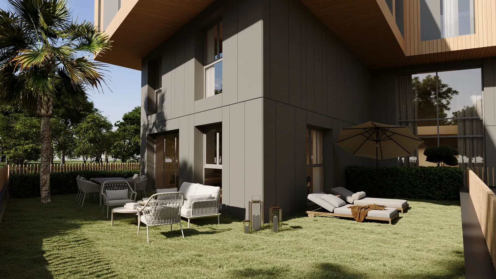 Garden seating outside a Demirhan Fuente duplex