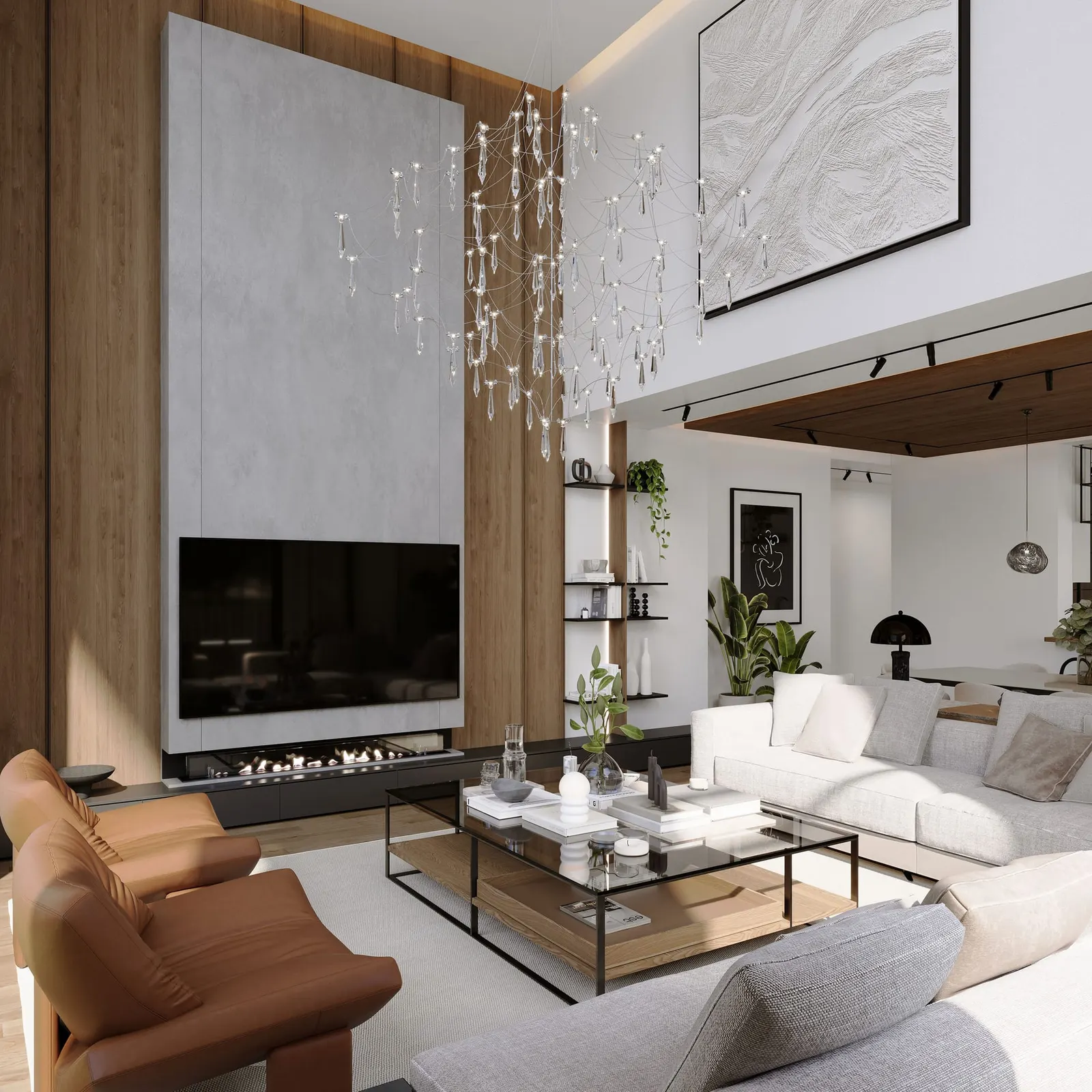 Living room with a fireplace in a Demirhan Fuente duplex