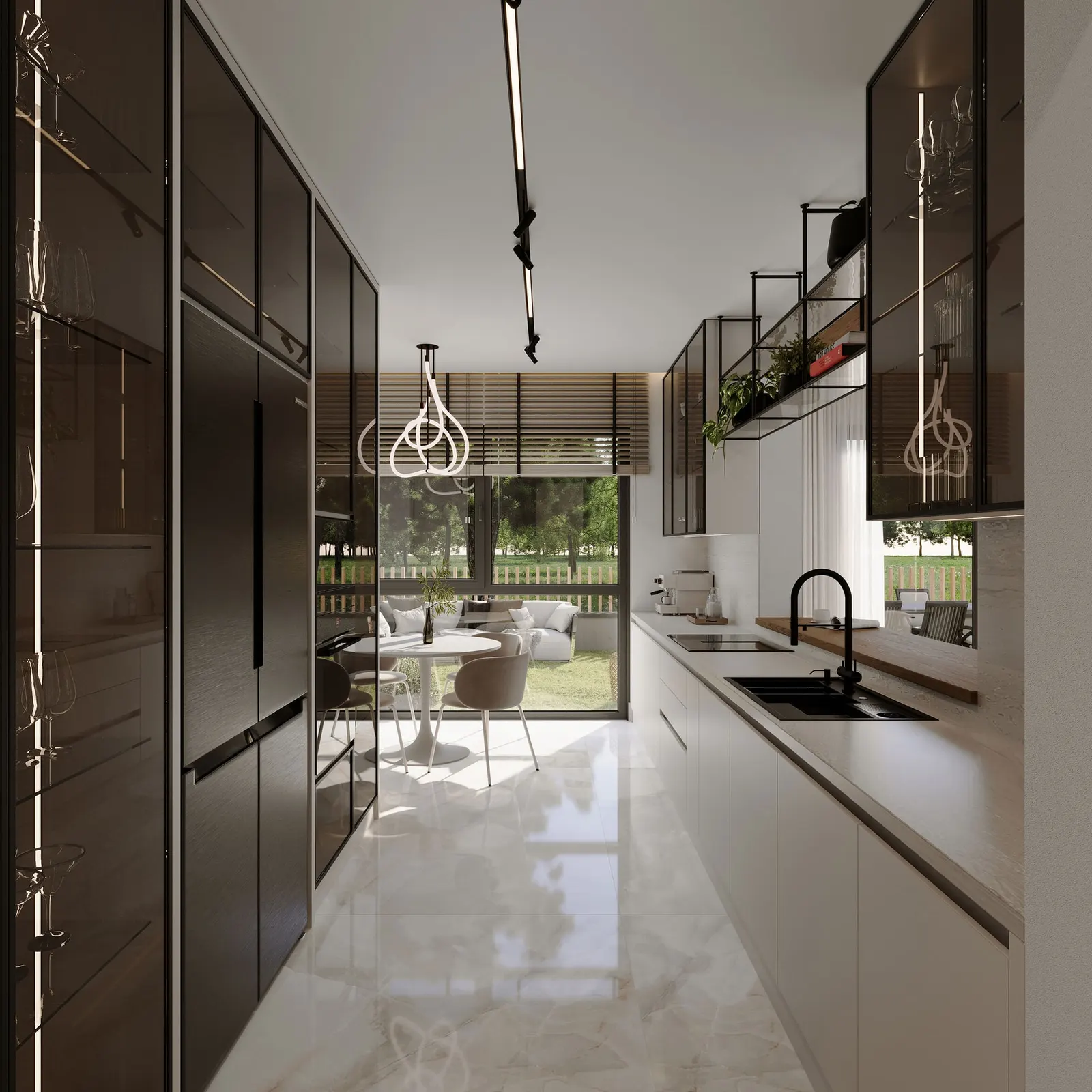 Galley kitchen leading to the dining corner in a Demirhan Fuente duplex
