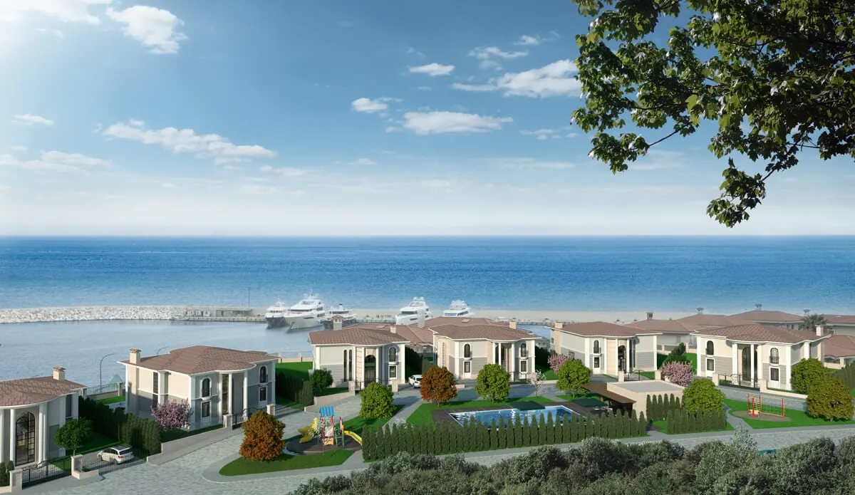 Aerial view of the Deniz Istanbul Marina Evleri villas with the marina and the sea behind