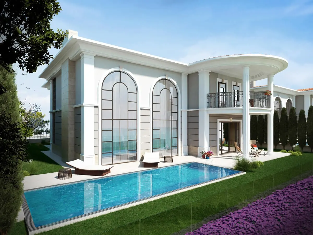 Villa with tall arched windows and a pool at Deniz Istanbul Marina Evleri