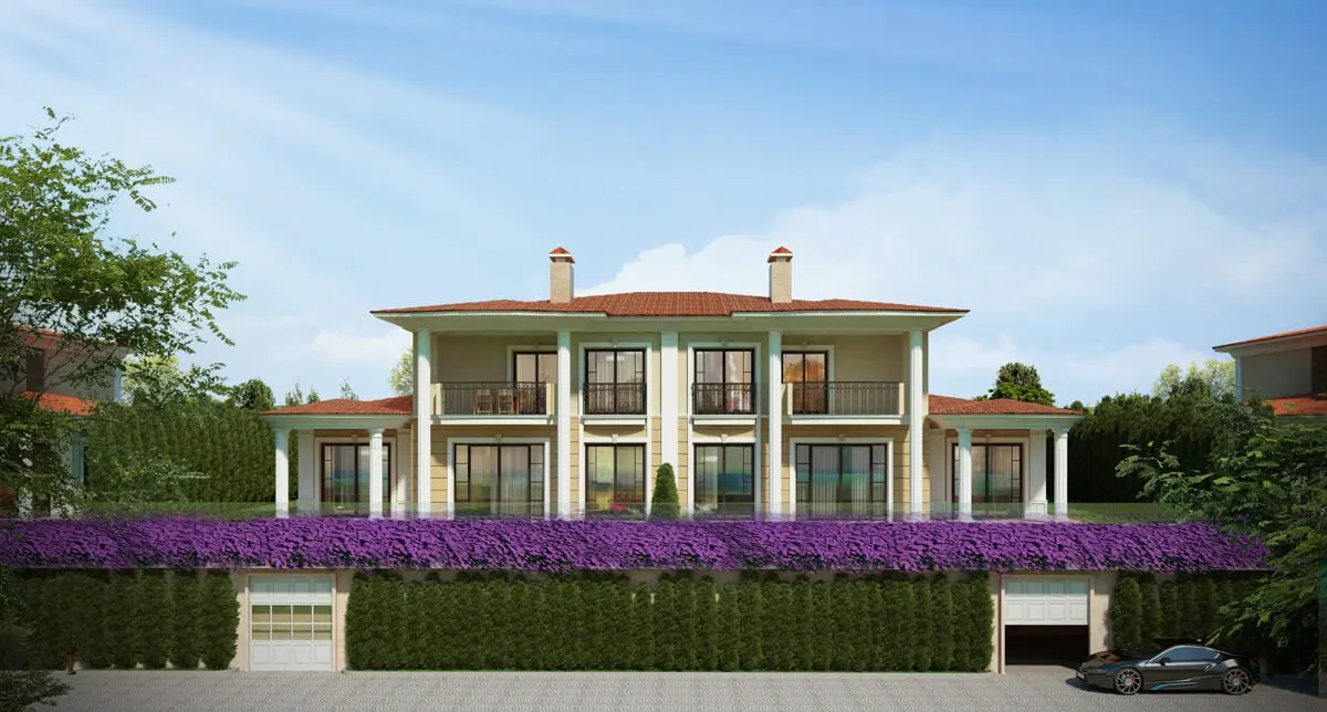 Front of a Deniz Istanbul Marina Evleri villa above its garage level