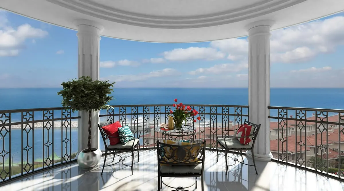 Rounded balcony with a sea view at Deniz Istanbul Marina Evleri