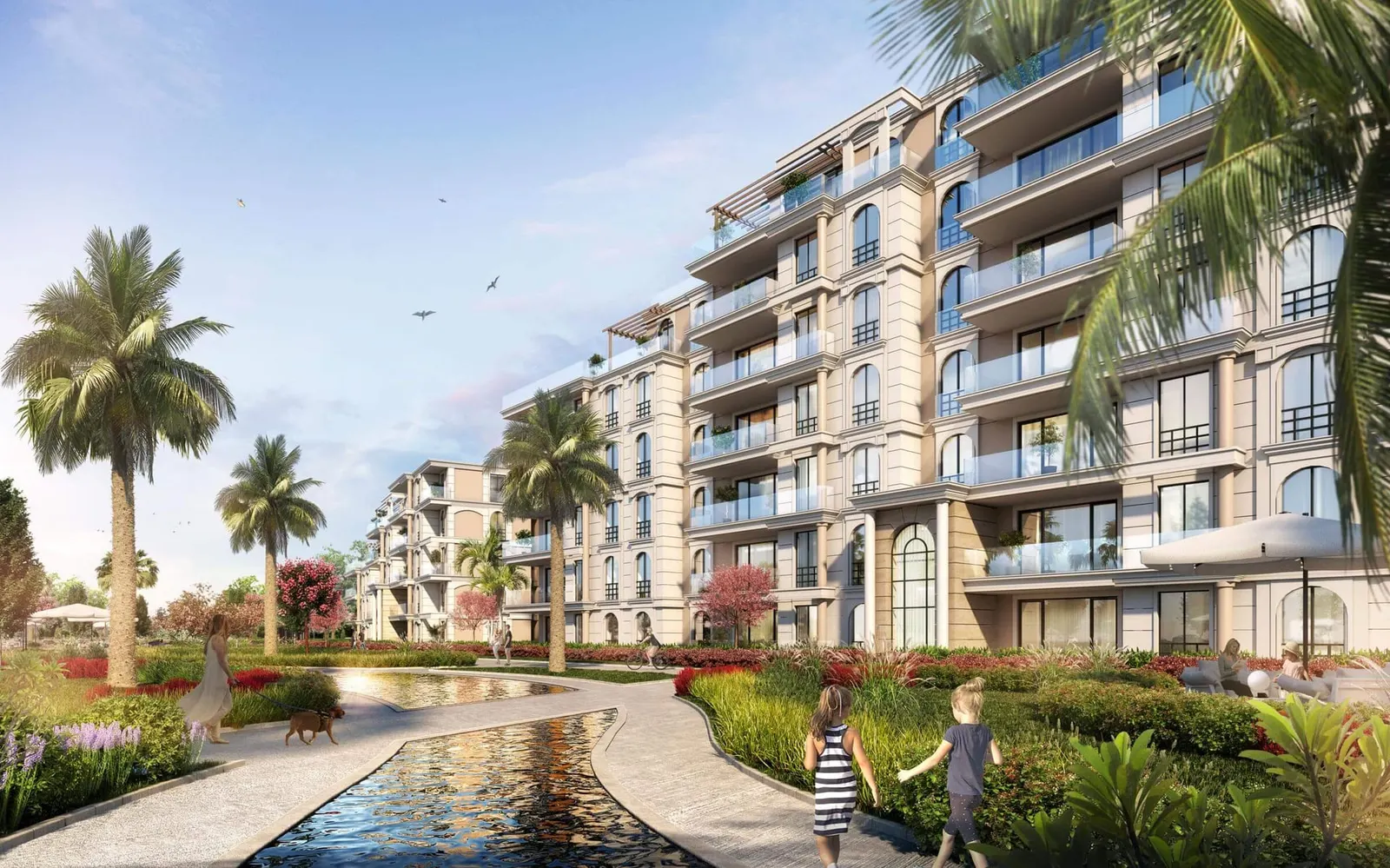 Deniz Istanbul Marina Rezidans block beside a water channel in the gardens