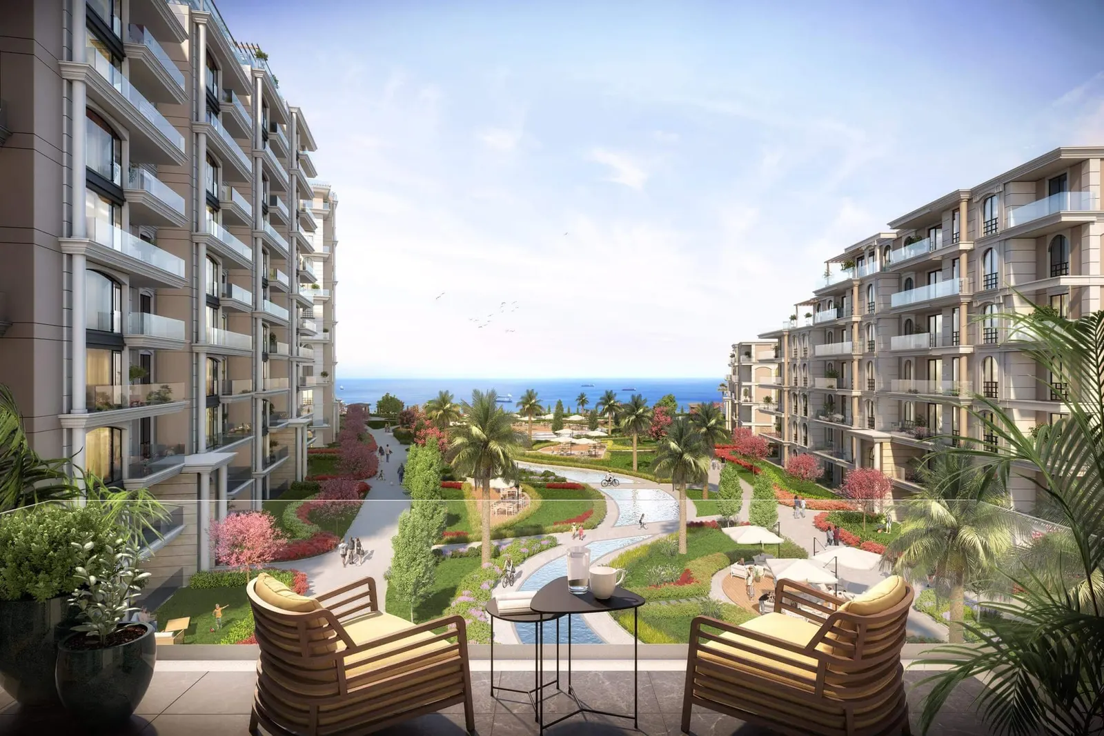 View from a balcony over the Deniz Istanbul Marina Rezidans gardens to the sea