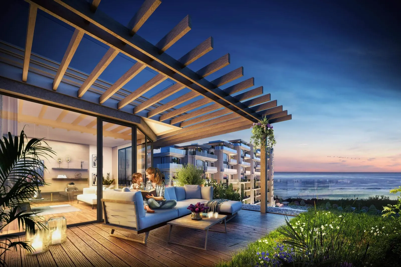 Covered terrace with a sea view at Deniz Istanbul Marina Rezidans at dusk