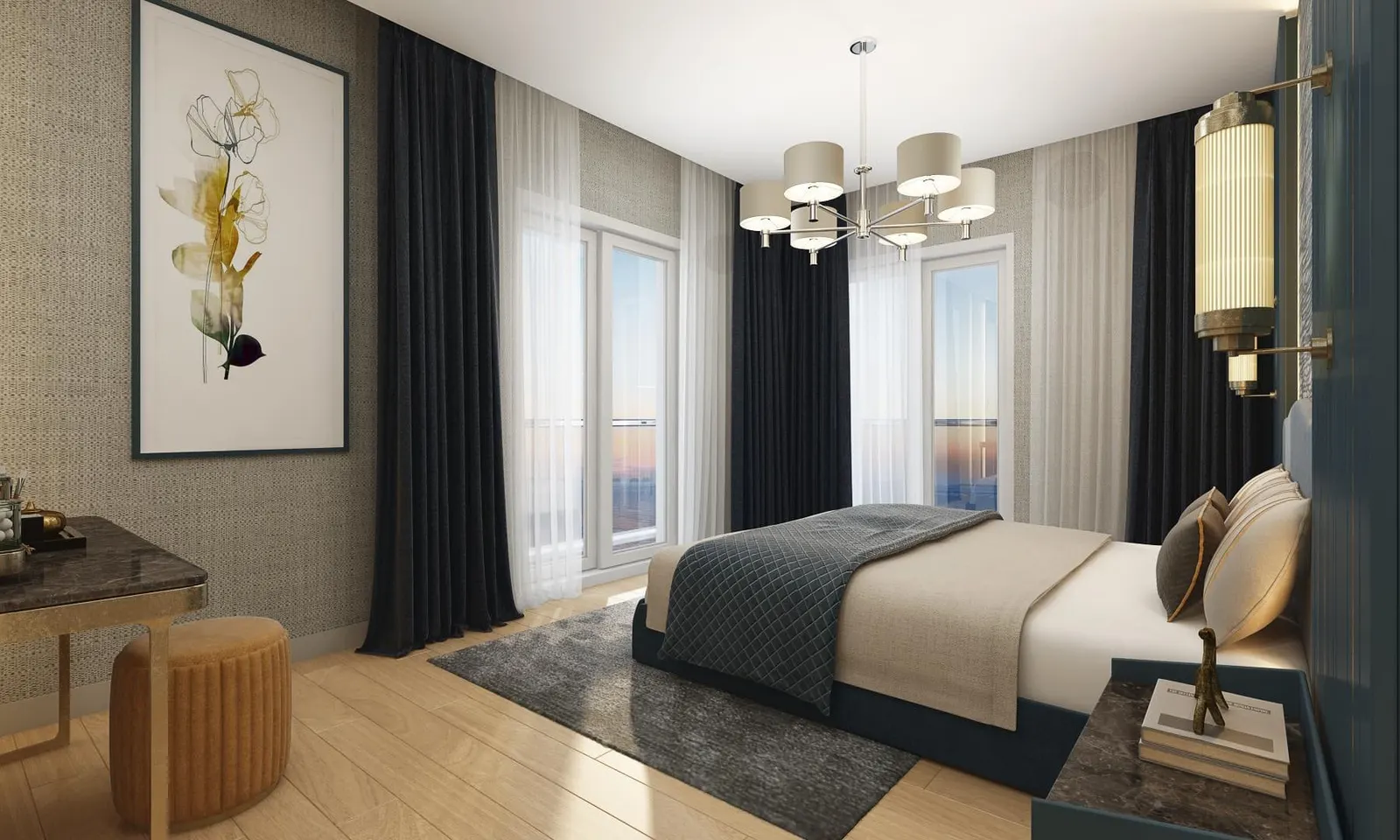 Bedroom with a dressing table in a Deniz Istanbul Marina Rezidans apartment