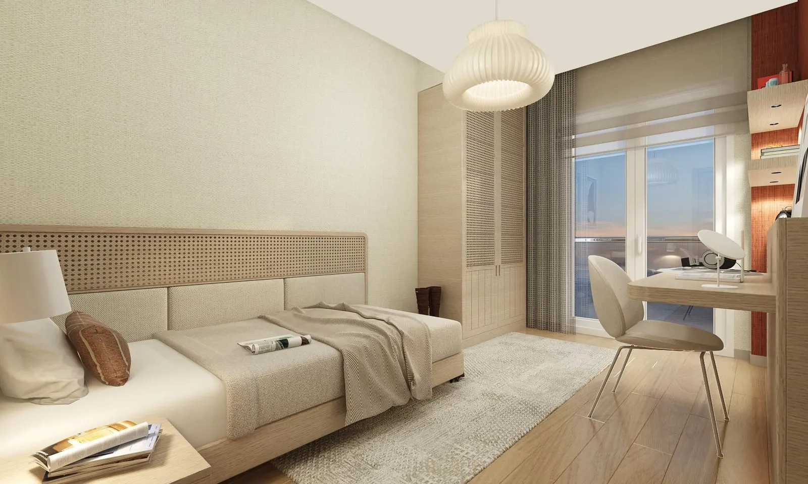 Bedroom with a desk in a Deniz Istanbul Marina Rezidans apartment
