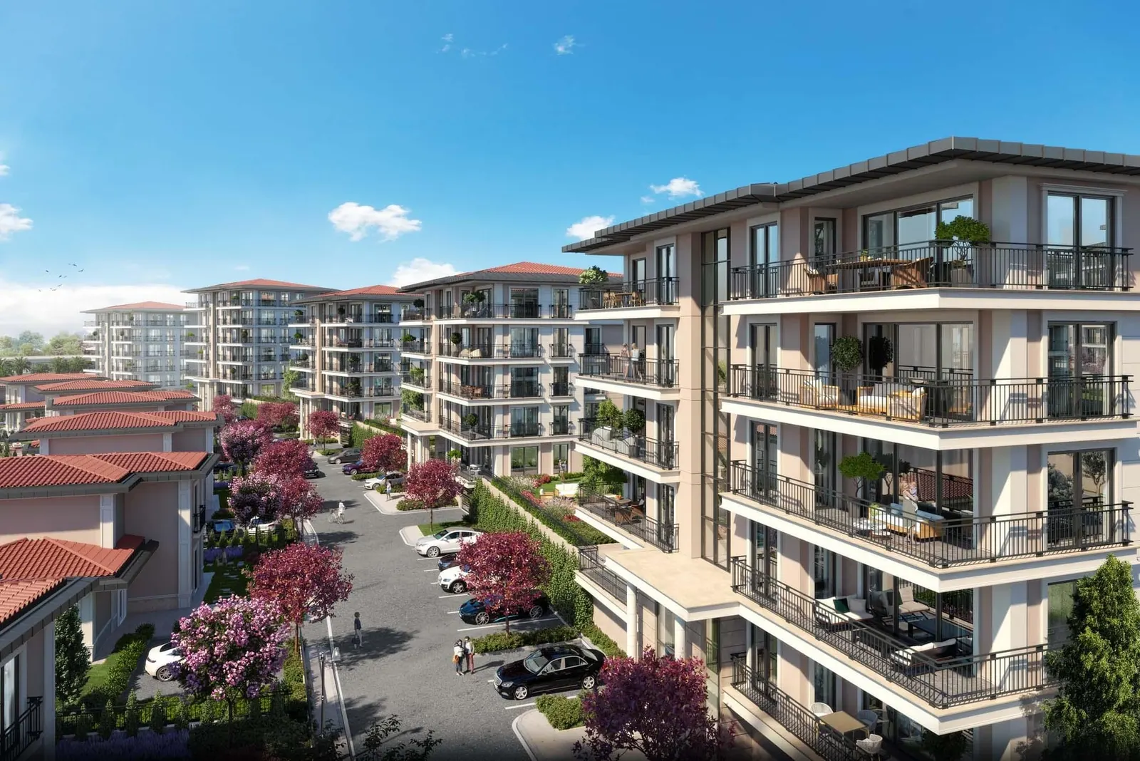 Deniz Istanbul Sedef Konaklari apartment blocks along a tree-lined street