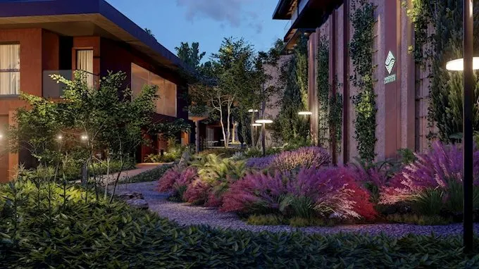 Garden path between the blocks at Denizkoru Sariyer at dusk
