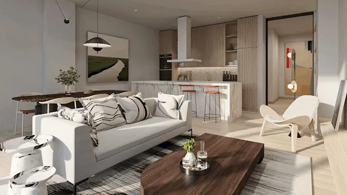 Living room and open kitchen at Denizkoru Sariyer